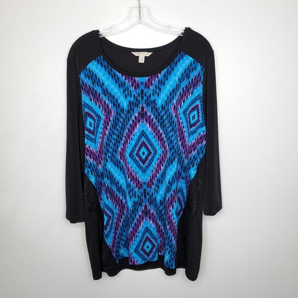 Laura Ashley Tops - Laura Ashley Black Blue Purple Pullover Top With Eyelash Lace Trim, XL